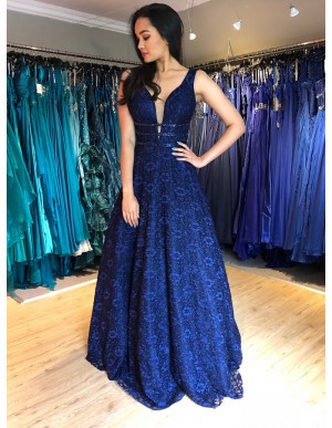 A-Line V-Neck Backless Floor-Length Dark Blue Lace Prom Dress with Beading