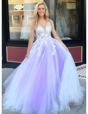 A-Line V-Neck Backless Floor-Length Lilac Prom Dress with Appliques 