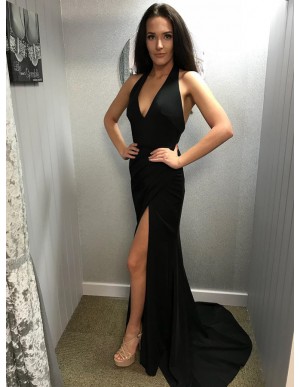 Mermaid V-Neck Backless Long Simple Black Prom Dress with Split
