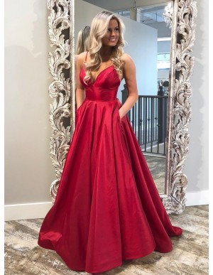 A-Line Spaghetti Straps Sweep Train Red Satin Prom Dress with Pockets