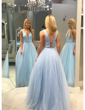 A-Line V-Neck Floor-Length Light Blue Prom Dress with Sequins Beading