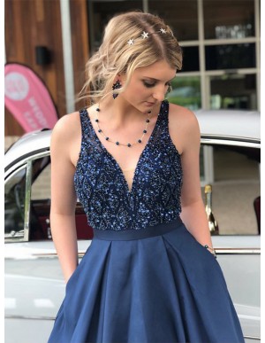 Modest V-Neck Long Navy Blue Prom Dress with Pockets Beading Evening Dress