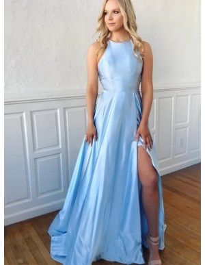 Simple Halter Blue Prom Dress with Split Satin Long Sleeveless Party Dress