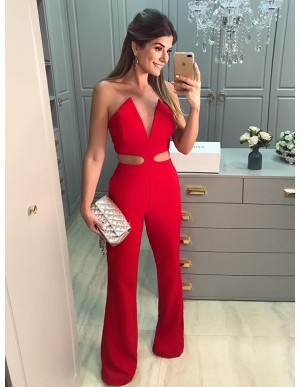 Sparkle Sheath Long Strapless Sleeveless Red Prom Jumsuit