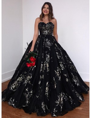 Sweetheart Ball Gown Prom Dress with Sequin Sleeveless Black Party Dress