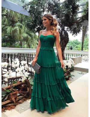 Spaghetti Straps Green Prom Dress with Tiered Sleeveless Long Party Dress