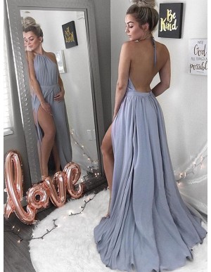 Halter Light Blue Prom Dress with Split Long Sexy Backless Party Dress