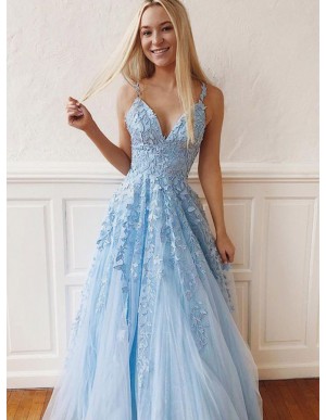 Light Blue Prom Dress with Appliques Sleeveless Long Prom Gown