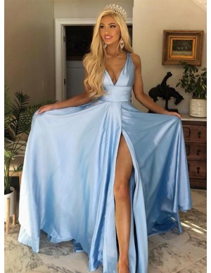 V-Neck Sleeveless Open Back Party Dress Long Blue Prom Dress with Split