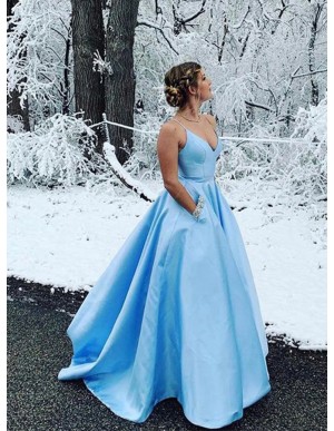 A-Line V-Neck Satin Sleeveless Long Light Blue Prom Dress with Beading