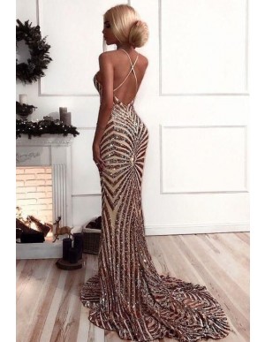 Sexy Deep V-Neck Champagne Long Prom Dress Sequin Mermaid Evening Dress