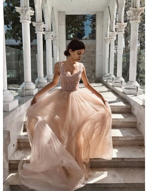 Sparkly Straps Long Prom Dress with Beading Sleeveless Blush Prom Gown