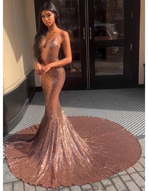 Spaghetti Straps Backless Gold Evening Dress Long Mermaid Prom Dress