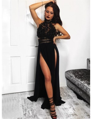 A-Line High Neck Floor-Length Black Prom Dress with Lace Split