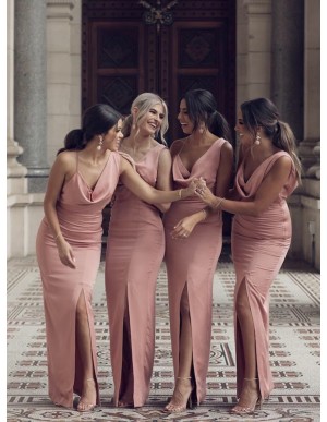 Sheath Slit Leg Sleeveless Long V-Neck Pink Backless Bridesmaid Dress