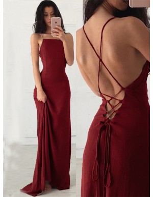 Spaghetti Straps Dark Red Prom Dress Simple Long Party Dress