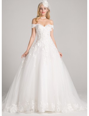 Ball Gown Off-the-Shoulder Chapel Train Lace-Up Wedding Dress with Appliques