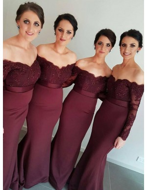 Mermaid Off the Shoulder Long Sleeves Beaded Burgundy Bridesmaid Dress with Lace