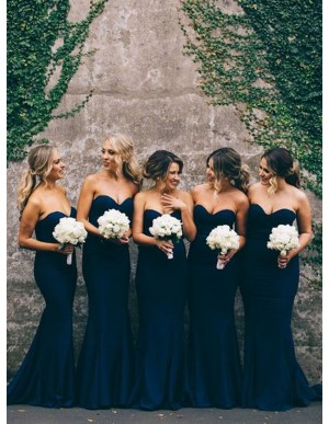 Mermaid Sweetheart Sleeveless Sweep Train Dark Navy Bridesmaid Dress