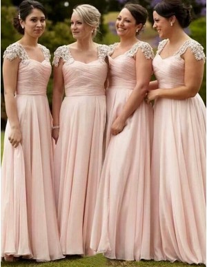 A-Line Scoop Cap Sleeves Floor-Length Pink Bridesmaid Dress with Beading Pleats