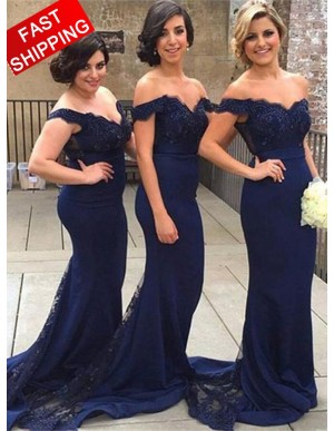 Mermaid Off the Shoulder Long Navy Blue Bridesmaid Dress with Lace