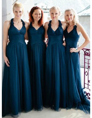 A-Line V-Neck Dark Blue Tulle Bridesmaid Dress with Ruched