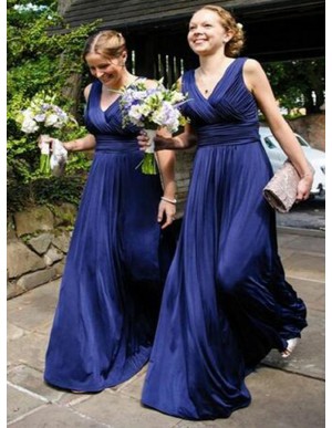 A-Line V-Neck Floor-Length Royal Blue Ruched Chiffon Bridesmaid Dress