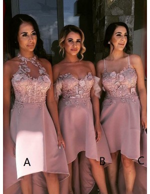 A-Line High Low Halter Blush Satin Bridesmaid Dress with Appliques