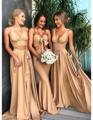 Mismatched A-Line V-Neck Long Champagne Bridesmaid Dress with Pleats