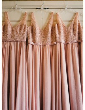 A-Line V-Neck Pearl Pink Chiffon Bridesmaid Dress With Lace Sequins