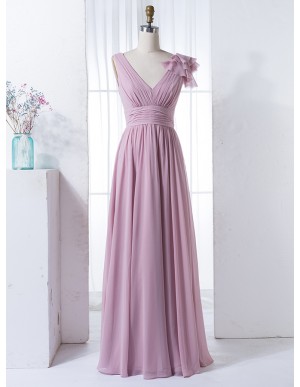 A-Line V-Neck Floor-Length Blush Chiffon Bridesmaid Dress with Pleats Ruffles