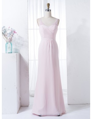 A-Line V-Neck Light Pink Ruched Chiffon Bridesmaid Dress with Appliques Beading