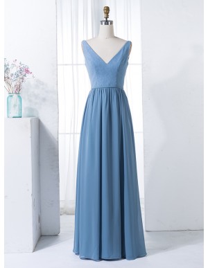 A-Line V-Neck Navy Blue Ruched Chiffon Bridesmaid Dress with Pleats