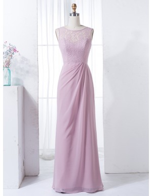 A-Line Bateau V-Back Blush Ruched Chiffon Bridesmaid Dress with Lace