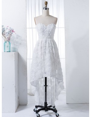A-Line High Low Sweetheart White Lace Bridesmaid Dress with Pleats