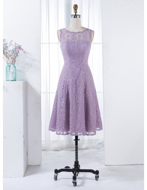 A-Line Round Neck V-Back Knee-Length Lilac Lace Bridesmaid Dress 