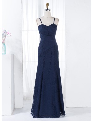 A-Line Spaghetti Straps Navy Blue Lace Ruched Bridesmaid Dress