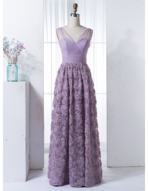 A-Line Illusion Straps Lavender Lace Bridesmaid Dress with Pleats