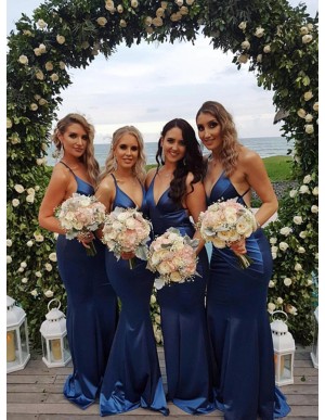 Mermaid Spaghetti Straps Backless Sweep Train Blue Bridesmaid Dress with Ruched