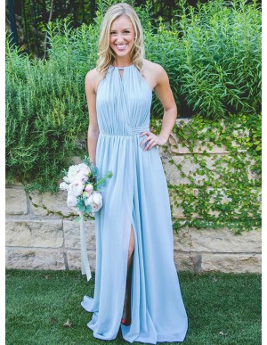 A-Line Halter Slit Leg Light Blue Chiffon Bridesmaid Dress with Pleats