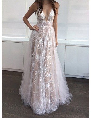 A-Line Deep V-Neck Long Light Champagne Prom Dress with Lace