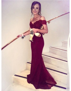 Mermaid Off the Shoulder Short Sleeves Long Burgundy Prom Dress with Lace