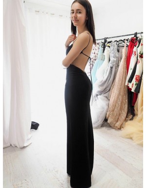 Sheath Backless Spaghetti straps Slit Leg Black Prom Dress 