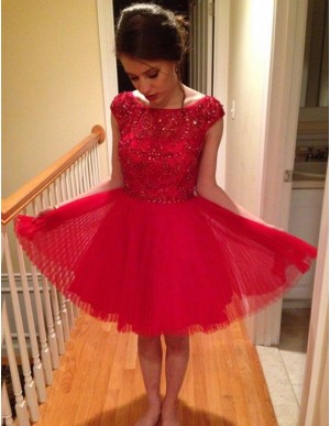 A-Line Bateau Cap Sleeves Knee-Length Red Homecoming Dress with Beading Lace