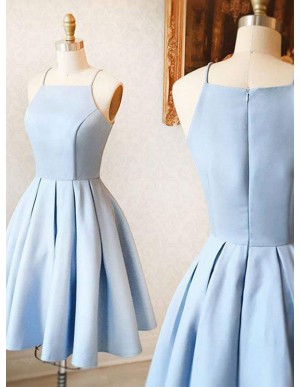 A-Line Spaghetti Straps Knee-Length Sky Blue Satin Prom Homecoming Dress
