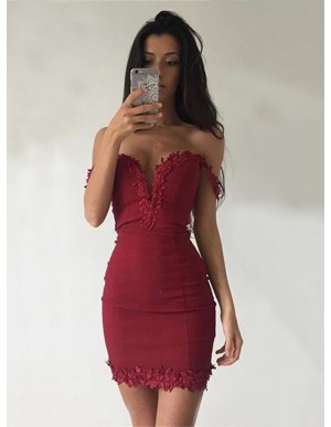 Off-the-Shoulder Homecoming Dress Short Dark Red Cocktail Dress with Appliques