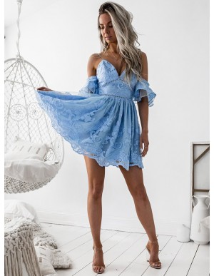 A-Line Spaghetti Straps Short Sleeves Blue Lace Homecoming Dress