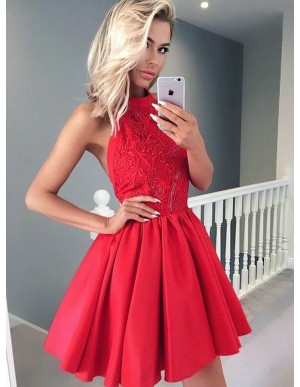 A-Line Jewel Backless Red Homecoming Dress with Appliques