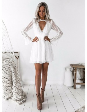 A-Line Jewel Long Sleeves White Lace Homecoming Dress with Hole