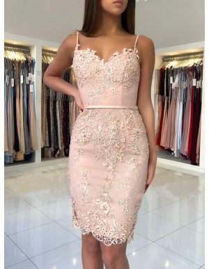 Sheath Spaghetti Straps Short Pink Party Dress with Appliques